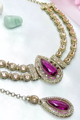 Purple yellow gold premium designer american diamond and stone work necklace set