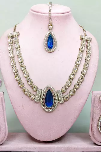 Blue yellow gold premium designer american diamond and stone work necklace set