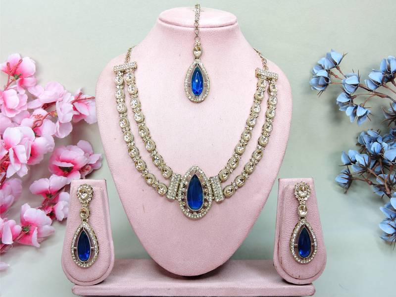 Blue yellow gold premium designer american diamond and stone work necklace set