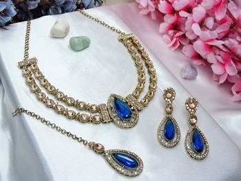 Blue yellow gold premium designer american diamond and stone work necklace set 2