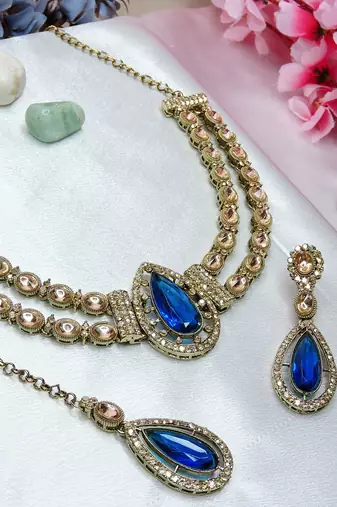 Blue yellow gold premium designer american diamond and stone work necklace set