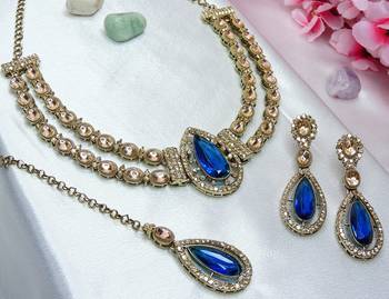 Blue yellow gold premium designer american diamond and stone work necklace set 3