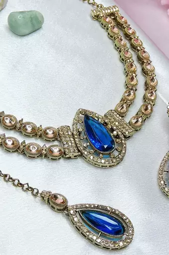 Blue yellow gold premium designer american diamond and stone work necklace set