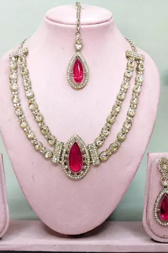 Pink yellow gold premium designer american diamond and stone work necklace set