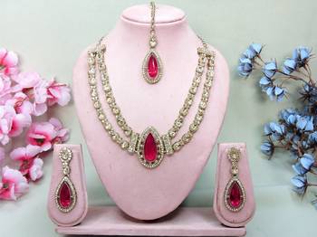 Pink yellow gold premium designer american diamond and stone work necklace set 2