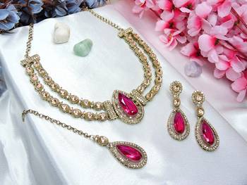 Red yellow gold premium designer american diamond and stone work necklace set 1