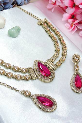 Red yellow gold premium designer american diamond and stone work necklace set