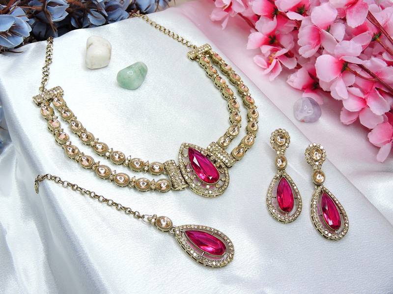 Red yellow gold premium designer american diamond and stone work necklace set