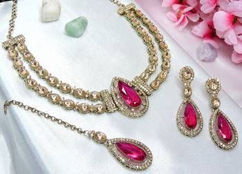 Red yellow gold premium designer american diamond and stone work necklace set 2