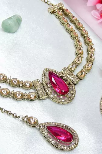 Red yellow gold premium designer american diamond and stone work necklace set