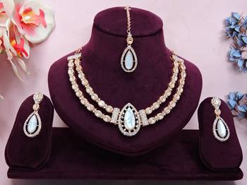 White rose gold premium designer american diamond and stone work necklace set 1