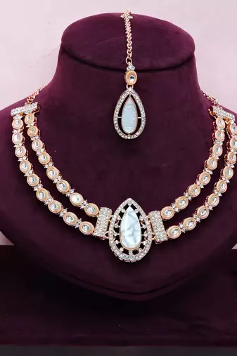 White rose gold premium designer american diamond and stone work necklace set