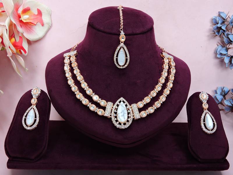 White rose gold premium designer american diamond and stone work necklace set