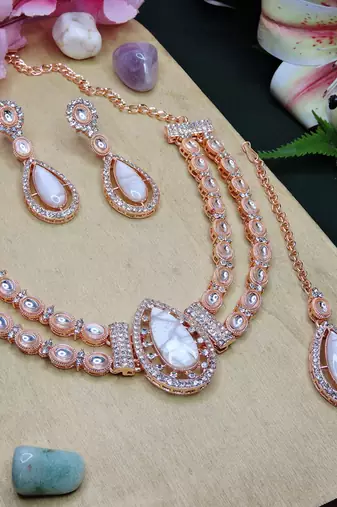 White rose gold premium designer american diamond and stone work necklace set