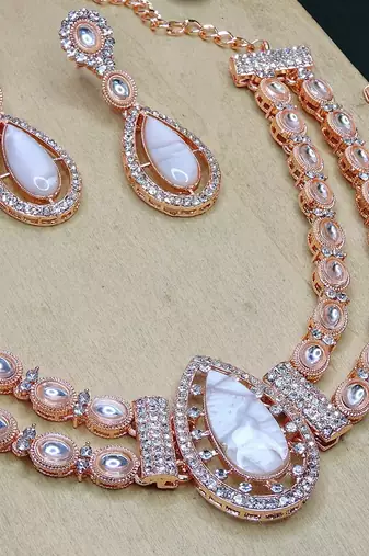 White rose gold premium designer american diamond and stone work necklace set