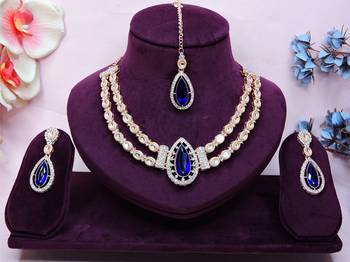Blue rose gold premium designer american diamond and stone work necklace set 1