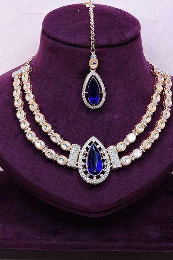 Blue rose gold premium designer american diamond and stone work necklace set