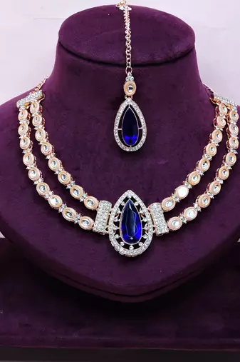 Blue rose gold premium designer american diamond and stone work necklace set