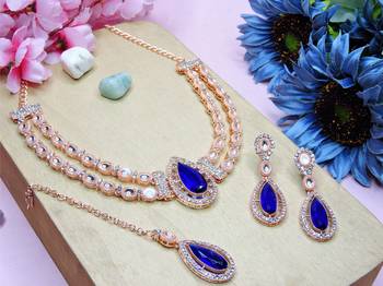 Blue rose gold premium designer american diamond and stone work necklace set 2