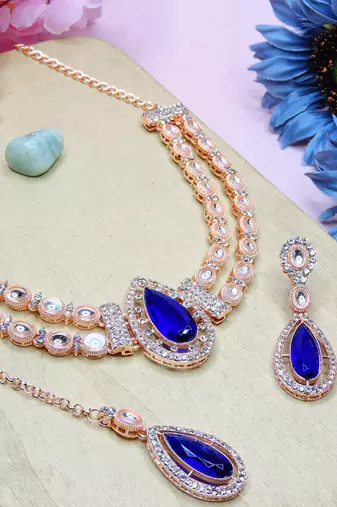 Blue rose gold premium designer american diamond and stone work necklace set