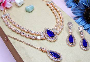 Blue rose gold premium designer american diamond and stone work necklace set 3