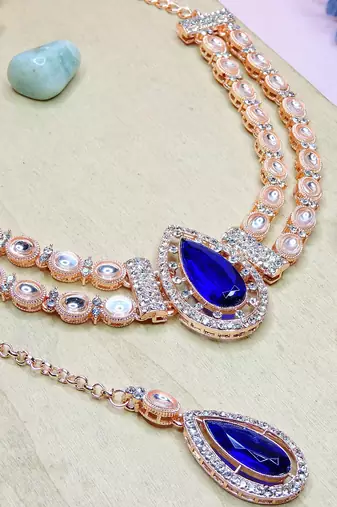 Blue rose gold premium designer american diamond and stone work necklace set