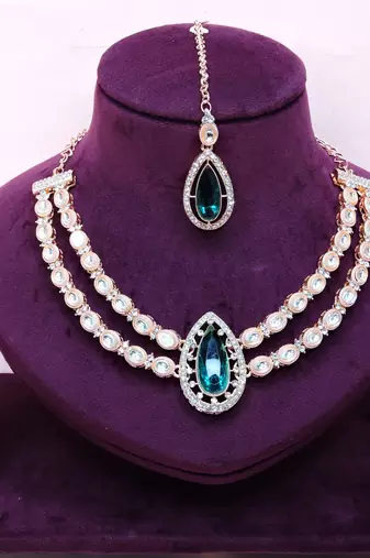Green rose gold premium designer american diamond and stone work necklace set