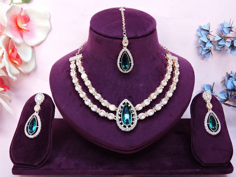 Green rose gold premium designer american diamond and stone work necklace set