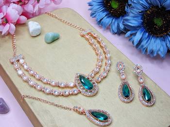Green rose gold premium designer american diamond and stone work necklace set 2