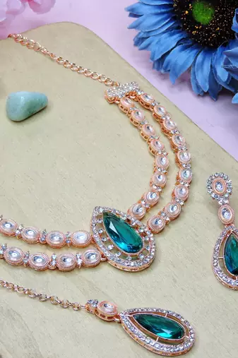 Green rose gold premium designer american diamond and stone work necklace set