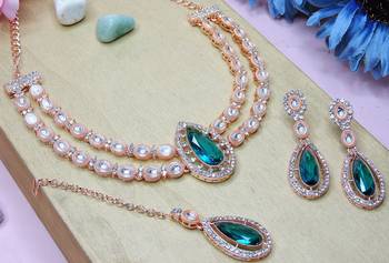 Green rose gold premium designer american diamond and stone work necklace set 3