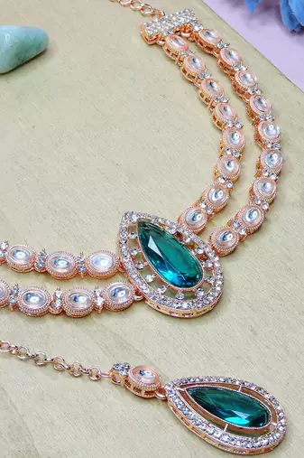 Green rose gold premium designer american diamond and stone work necklace set