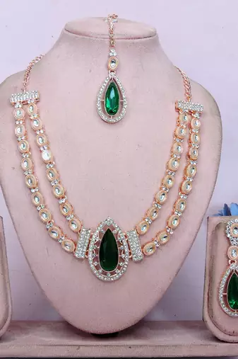 Green rose gold premium designer american diamond and stone work necklace set