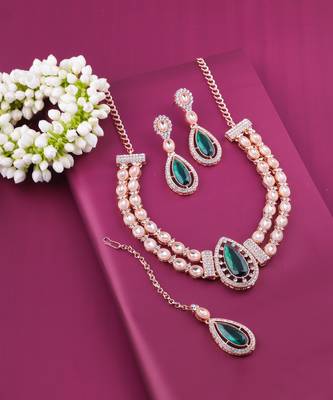Green rose gold premium designer american diamond and stone work necklace set 2