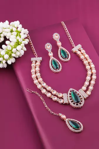 Green rose gold premium designer american diamond and stone work necklace set