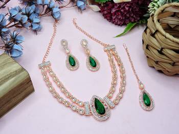 Green rose gold premium designer american diamond and stone work necklace set 3