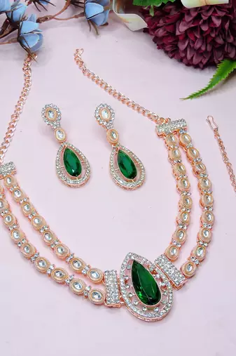 Green rose gold premium designer american diamond and stone work necklace set