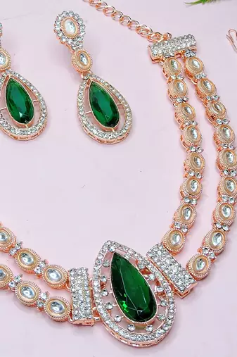Green rose gold premium designer american diamond and stone work necklace set