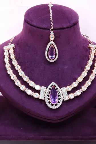 Purple rose gold premium designer american diamond and stone work necklace set