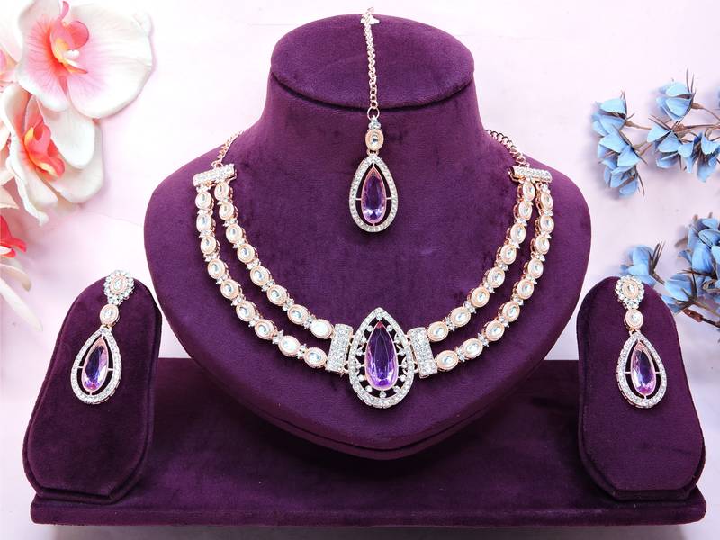 Purple rose gold premium designer american diamond and stone work necklace set