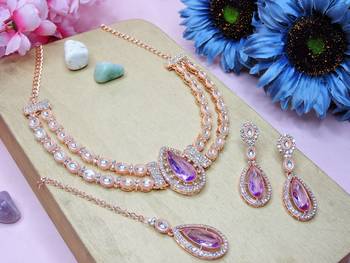 Purple rose gold premium designer american diamond and stone work necklace set 2