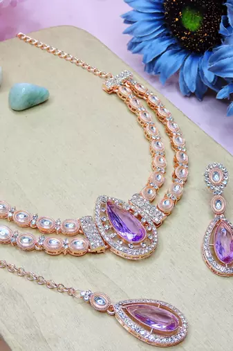 Purple rose gold premium designer american diamond and stone work necklace set