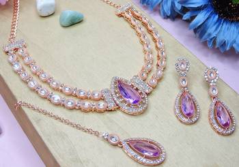 Purple rose gold premium designer american diamond and stone work necklace set 3