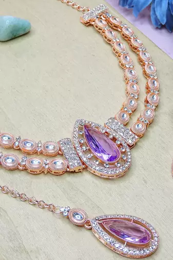 Purple rose gold premium designer american diamond and stone work necklace set