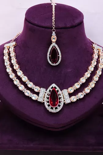 Maroon rose gold premium designer american diamond and stone work necklace set