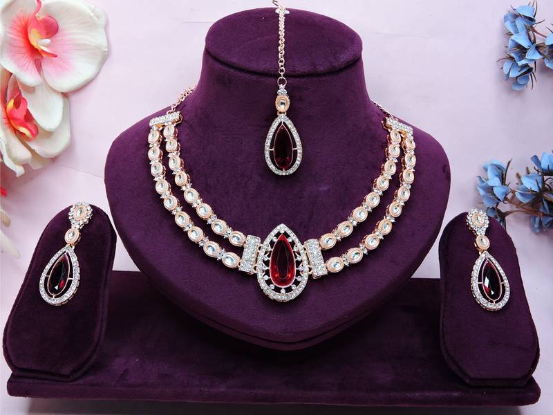 Maroon rose gold premium designer american diamond and stone work necklace set