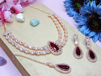 Maroon rose gold premium designer american diamond and stone work necklace set 2