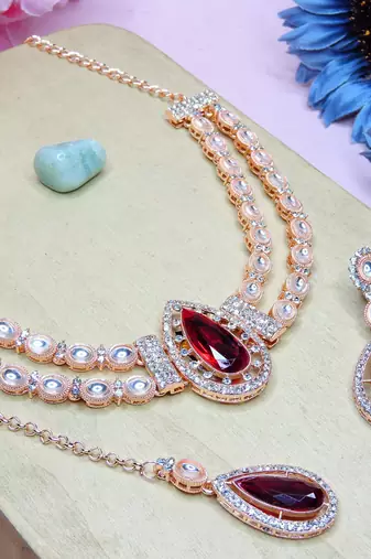Maroon rose gold premium designer american diamond and stone work necklace set