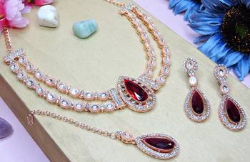 Maroon rose gold premium designer american diamond and stone work necklace set 3
