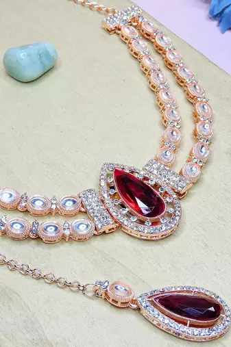 Maroon rose gold premium designer american diamond and stone work necklace set